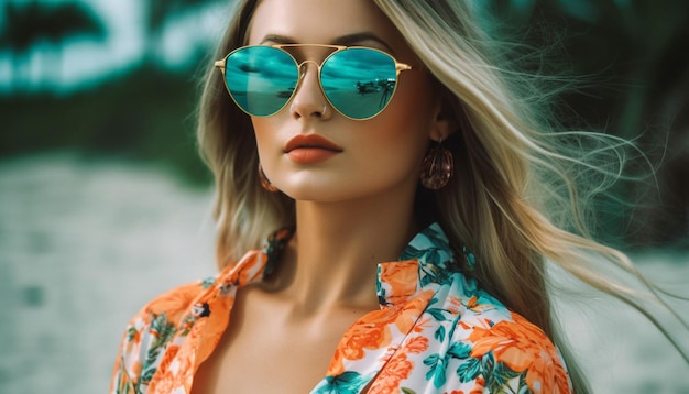 A woman wearing sunglasses on a beach