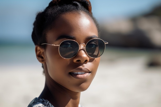 A woman wearing sunglasses on a beach