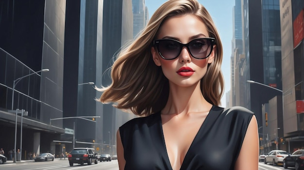 a woman wearing sunglasses and a black dress is on a poster that says fashion