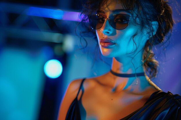 a woman wearing sunglasses and a black dress with a blue and red light behind her