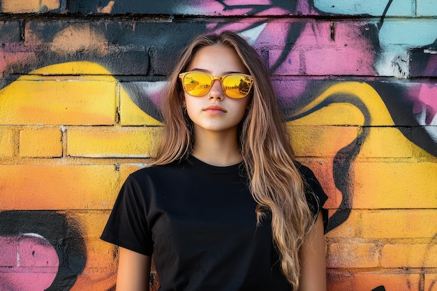 Photo a woman wearing sunglasses and a black shirt stands in front of a brick wall with a reflection of her face