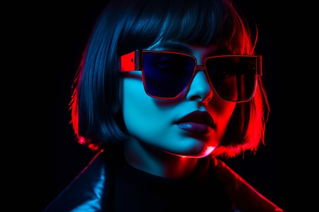 Woman wearing sunglasses and black top with red light on her face Generative AI