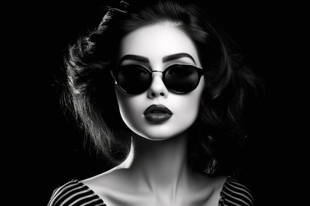 Woman wearing sunglasses and black and white image of woman's face Generative AI