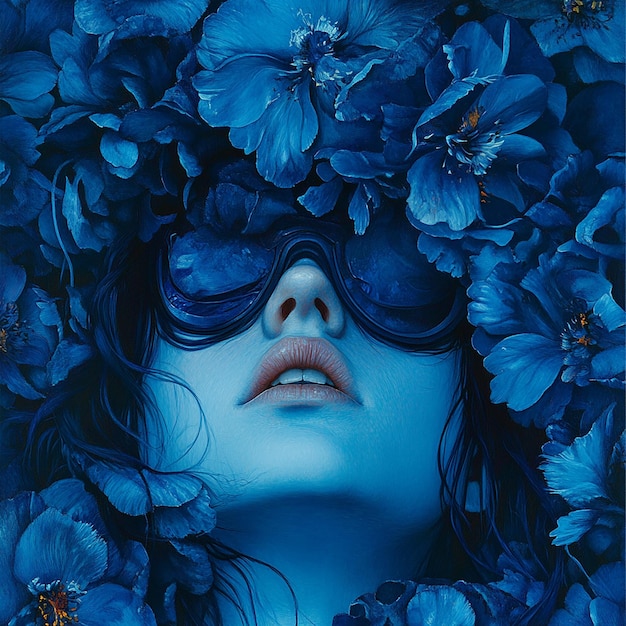 Photo a woman wearing sunglasses and a blue background with blue flowers