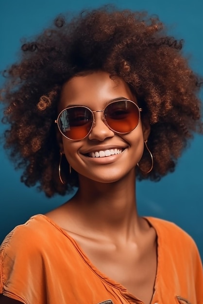 A woman wearing sunglasses and a bright orange shirt smiles for the camera.