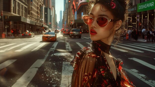 Photo a woman wearing sunglasses and a dress with a flower in the hair