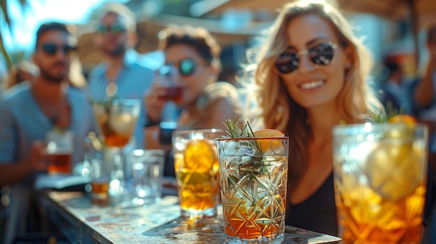 a woman wearing sunglasses and a drink with a glass of whiskey