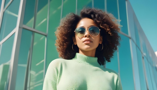 a woman wearing sunglasses and a green sweater stands in front of a green building