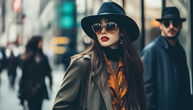 a woman wearing sunglasses and a hat is walking down a street