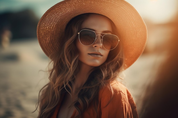 A woman wearing sunglasses and a hat stands on a beach.