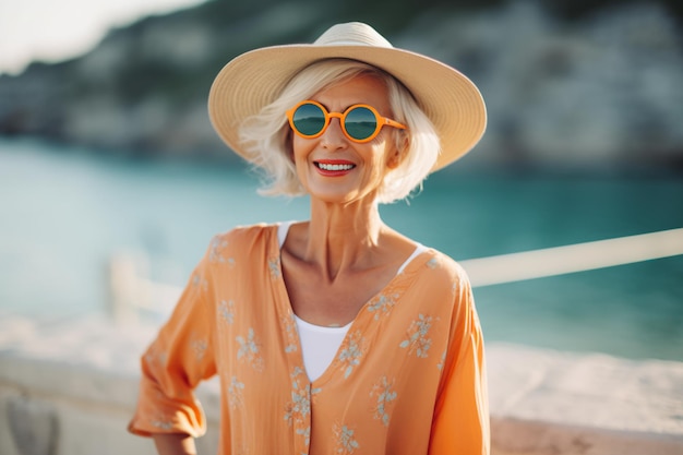 A woman wearing sunglasses and a hat stands on a beach.