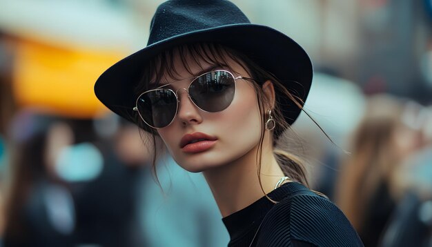 a woman wearing sunglasses and a hat with a black hat