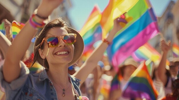 Photo a woman wearing sunglasses and a hat with a rainbow colored shirt