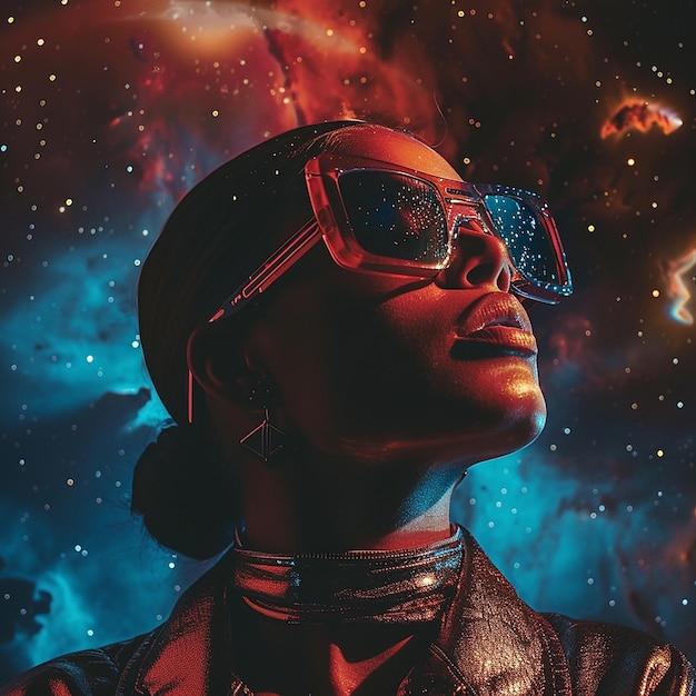 Photo a woman wearing sunglasses and a helmet is looking up at the stars