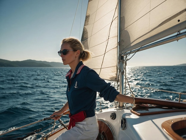 Woman wearing sunglasses is holding the helm of a sailboat and enjoying a sunny day on the water