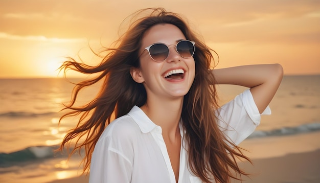 a woman wearing sunglasses is smiling and smiling