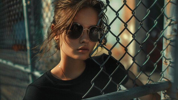 Photo a woman wearing sunglasses is standing behind a fence