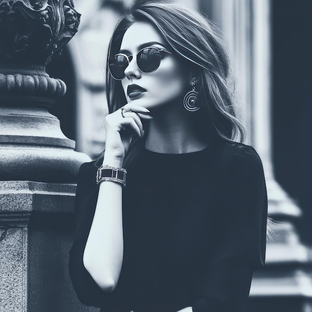 Photo a woman wearing sunglasses is standing in front of a statue