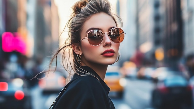 a woman wearing sunglasses is standing in the street