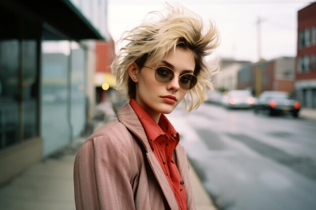 a woman wearing sunglasses and a jacket standing on a city street