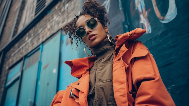 a woman wearing sunglasses and a jacket with a jacket that says quot shes wearing a jacket quot