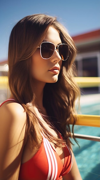 Woman wearing sunglasses long hair in swimming suit