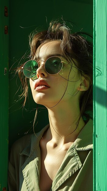 a woman wearing sunglasses looking out of a green door