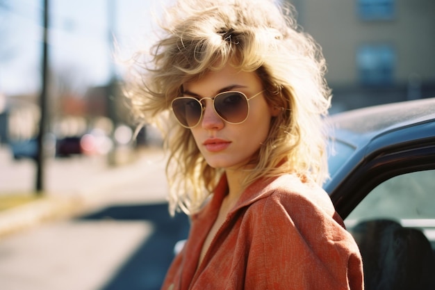 a woman wearing sunglasses and an orange shirt leaning against a car