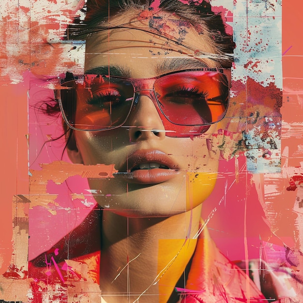 a woman wearing sunglasses and a pink background with a pink frame