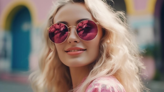 A woman wearing sunglasses and a pink shirt stands in front of a colorful building.