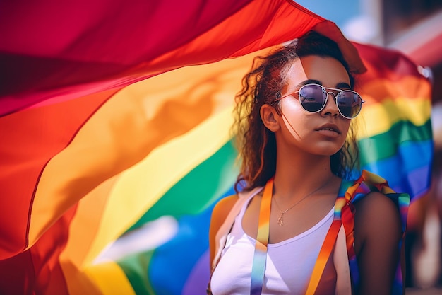 A woman wearing sunglasses and a rainbow flag is holding a rainbow flag.