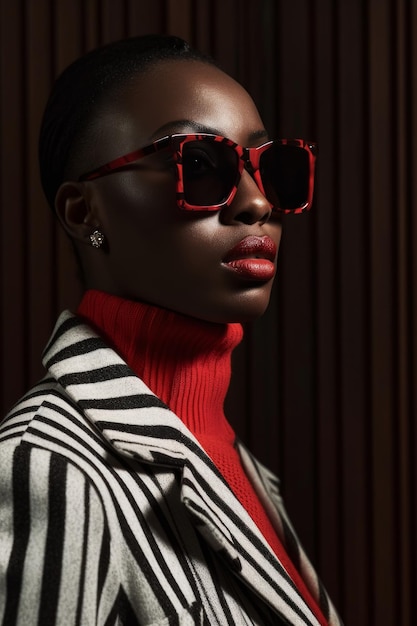 A woman wearing sunglasses and a red and black striped blazer.