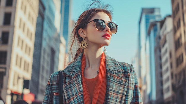 a woman wearing sunglasses and a red shirt is standing on a street