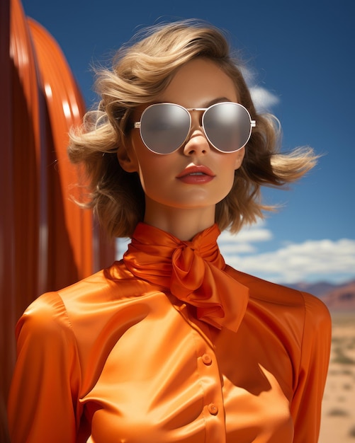 A woman wearing sunglasses and a red shirt