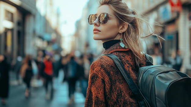 Photo a woman wearing sunglasses and a scarf is standing in a street