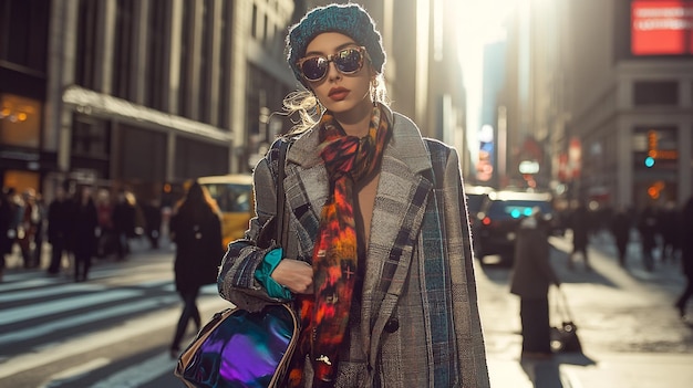 Photo a woman wearing sunglasses and a scarf is walking down a street