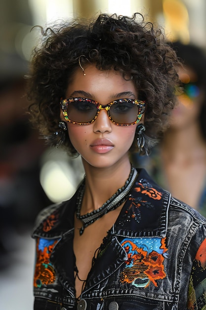 Photo a woman wearing sunglasses and a shirt with a floral print on it