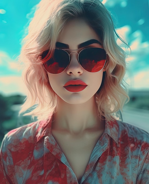 a woman wearing sunglasses and a shirt with a red shirt that says " she's wearing a shirt "