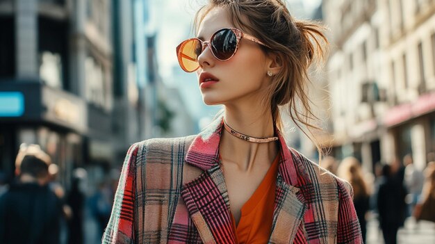 a woman wearing sunglasses and a shirt with a shirt that says quot fashion quot