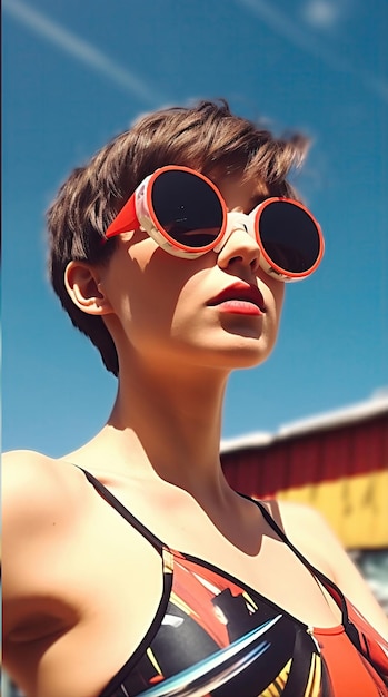 Woman wearing sunglasses short hair in swimming suit