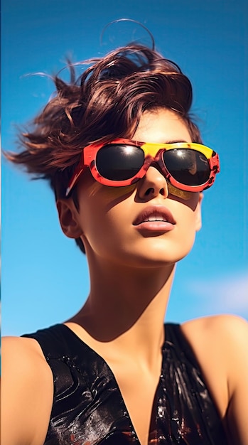 Woman wearing sunglasses short hair in swimming suit