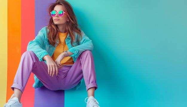 a woman wearing sunglasses sits on a purple wall