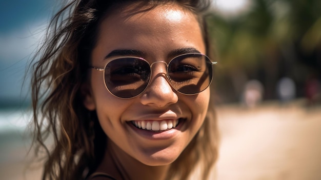 A woman wearing sunglasses smiles at the camera.