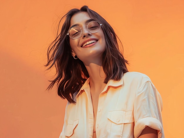 A woman wearing sunglasses and smiling against an orange background