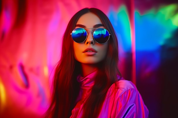 Woman wearing sunglasses standing in front of neon colored wall with pink and blue background Generative AI