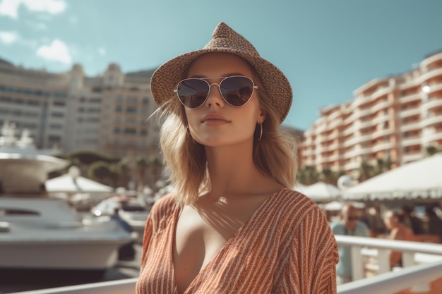 A woman wearing sunglasses stands on a boat in front of a marina.