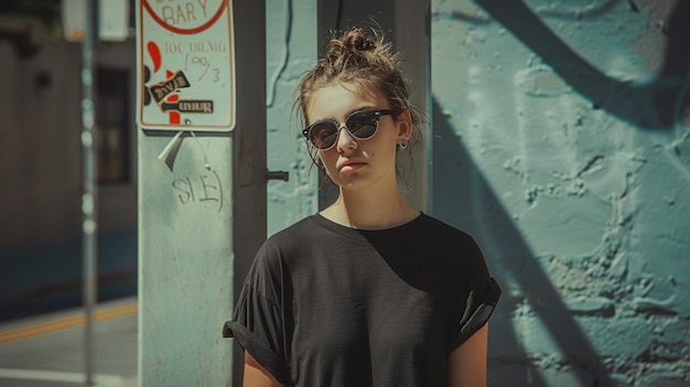 Photo a woman wearing sunglasses stands in front of a no parking sign