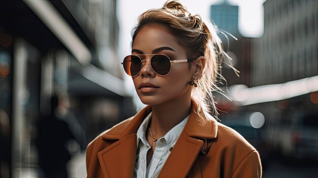 A woman wearing sunglasses stands on a street in the city.