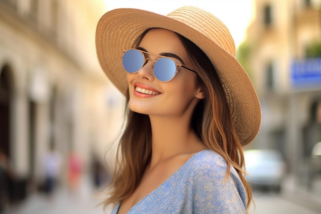 A woman wearing sunglasses and a straw hat on the street in front of a building Ai photo