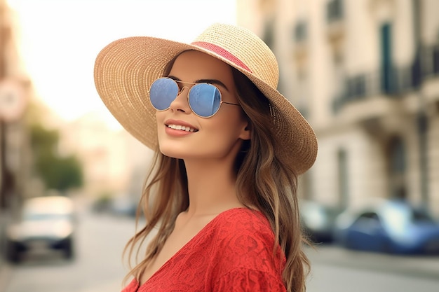 A woman wearing sunglasses and a straw hat on the street in front of a building Ai photo